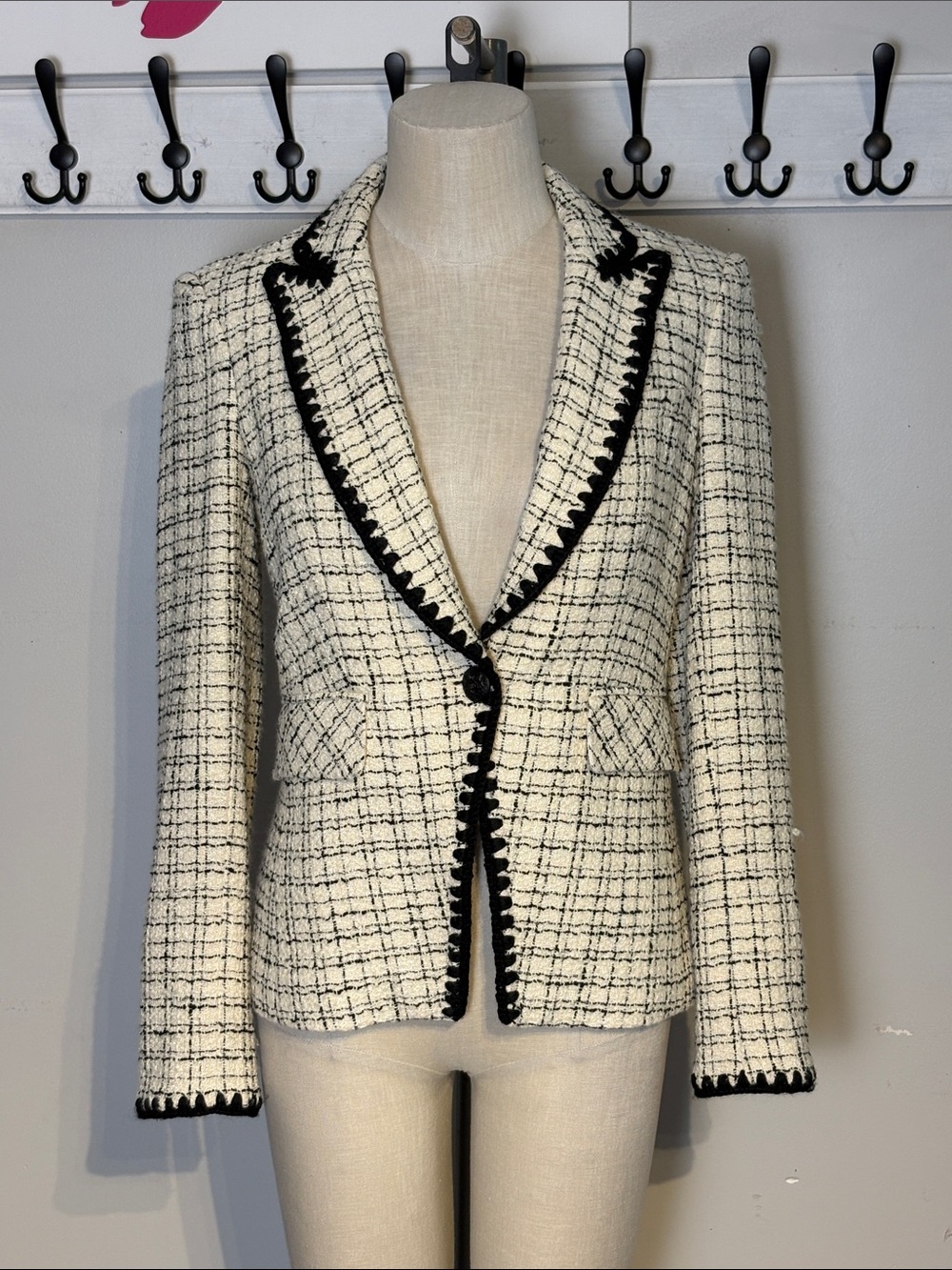Veronica Beard Ivory Tweed Dicky Blazer with Black Trim